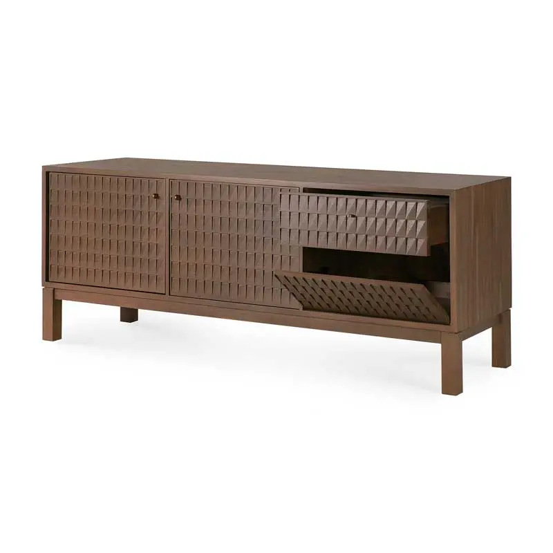 15350_Sono_TV_cupboard_2_doors_1_flip_down_door_1_drawer_varnished_teak_Light_Brown_side_open_cut_WEB.webp