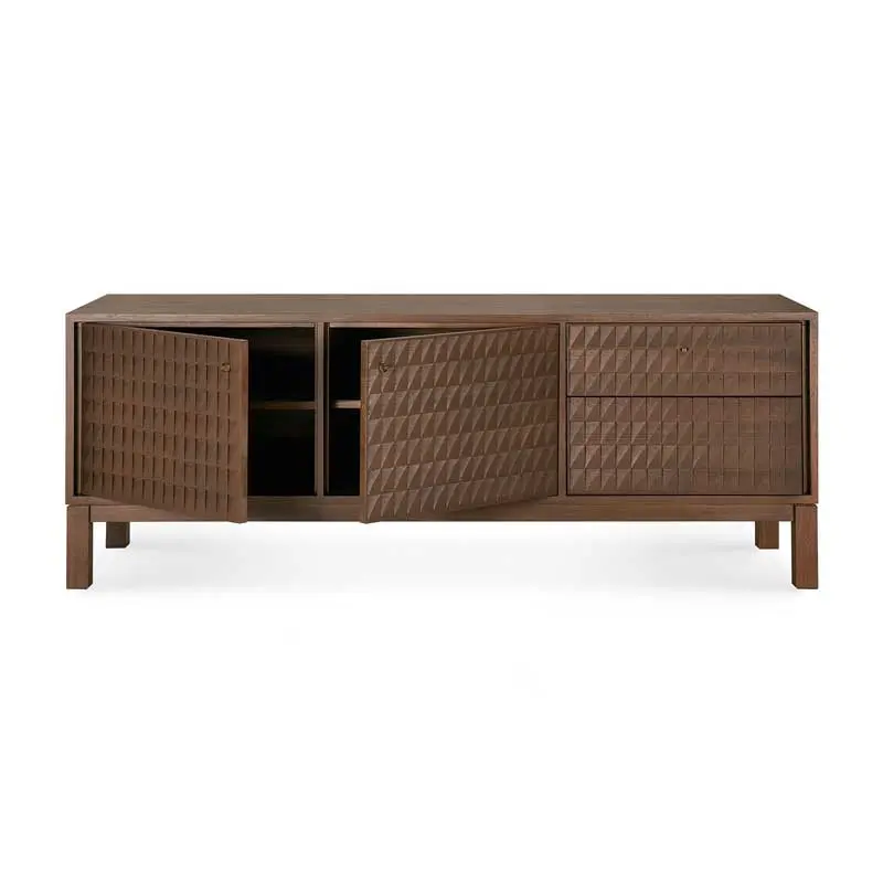 15350_Sono_TV_cupboard_2_doors_1_flip_down_door_1_drawer_varnished_teak_Light_Brown_front_open_cut_WEB.webp