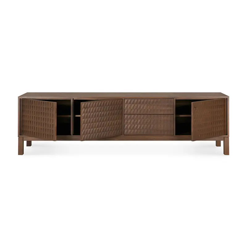 15351_Sono_TV_cupboard_3_doors_1_flip_down_door_1_drawer_varnished_teak_Light_Brown_front_open_cut_WEB.webp