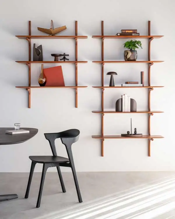 29778_Mahogany_PI_wall_3shelves_29779_Mahogany_PI_wall_5shelves_51491_Bok_black_chair_29780_PI_bookends_HQ.webp