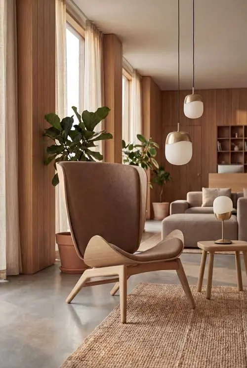 UMAGE_lifestyle_The-Reader_oak_sugar-brown_Paff_travertine_oak_Spring_pendant-lampshade_medium_large_brass_Spring_table-lamp_brass.webp