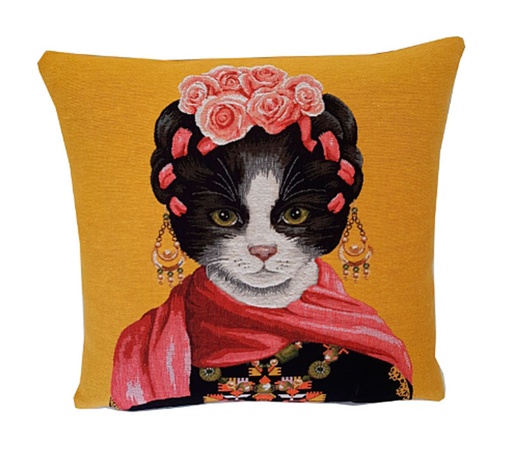 [YHDES-104-03061/M1334] Tyynynpäällinen Cat Frida Kahlo, punainen huivi, 48 x 48 cm